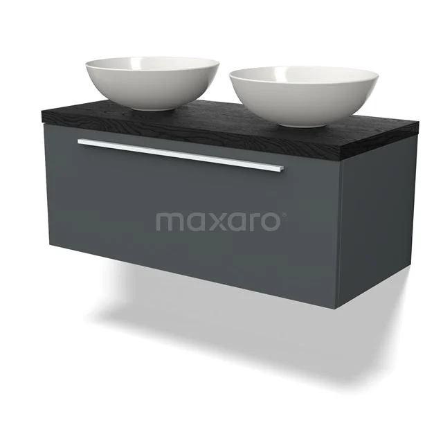 Grau hängendes Badmöbel mit schwarzem Waschbecken und weißen Schalen, modernes Design für stilvolle Badezimmergestaltung.