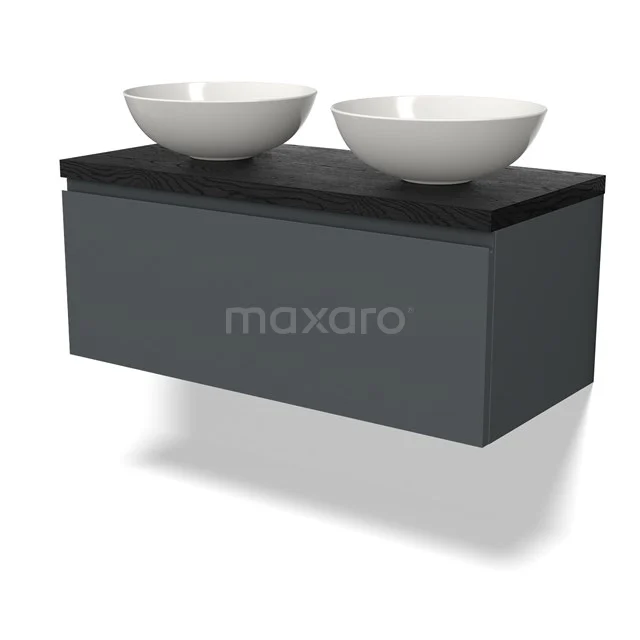 Dunkles Holz Badezimmermöbel mit doppelten runden Aufsatzwaschbecken, modernes schwebendes Design, ideal für stilvolle Bäder.