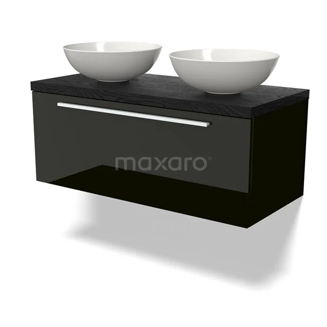 Schwarze Badmöbelset mit Hochglanzoberfläche, zwei weißen Aufsatzwaschbecken und einer breiten Schublade; modernes Design für ein stilvolles Badezimmer.