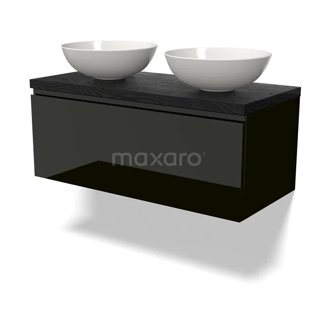 Modulo Plato Vanity units for countertop basin | 100 cm High-gloss black Handle-less front Black oak worktop 1 drawer BMK11-02704