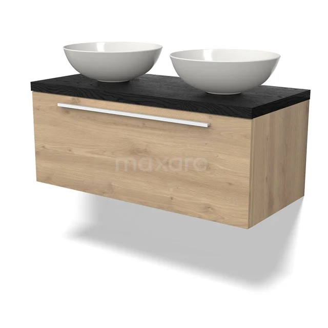 Hölzernes Badezimmermöbel mit schwarzer Platte, doppelten weißen Aufsatzwaschbecken und chromfarbener Haltegriff, stilvolles Design für moderne Bäder.