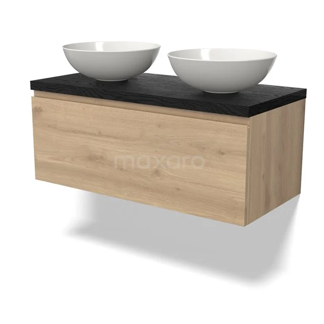 Holz-Badmöbel mit zwei weißen Aufsatzwaschbecken und schwarzer Platte, modernes Design geeignet für jeden Badezimmerstil.