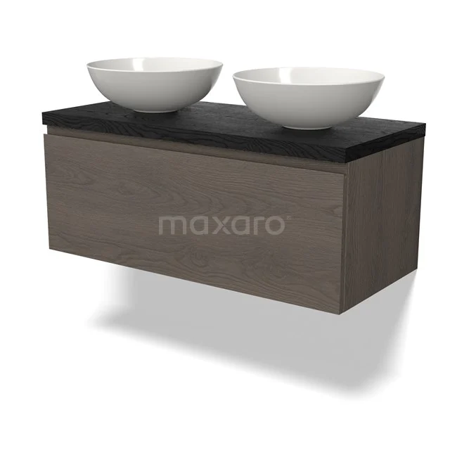 Modulo Plato Badmöbel mit Aufsatzwaschbecken | 100 cm Dunkelbraune Eiche Grifflos front Schwarze Eiche blatt 1 Schublade BMK11-02717 Holz Badezimmermöbel mit dunkler Platte und doppelten weißen Aufsatzwaschbecken, modernes Design für stilvolle Badezimmer Einrichtung.