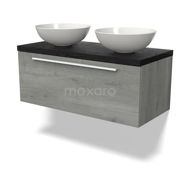 Graues Holz Badezimmermöbel mit schwarzer Platte, doppelten weißen Waschbecken und modernen Metall Haltegriff.
