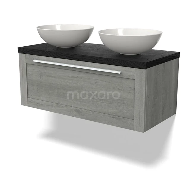 Wooden bathroom unit with grey oak look, black worktop and double white countertop wash basins, modern and sleek design.