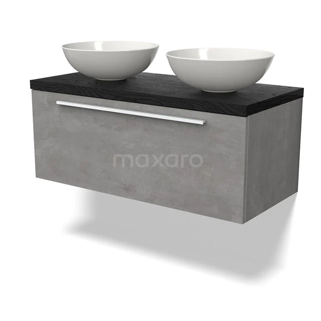 Waschtischunterschrank mit Konsole BMK11-02720 Modern graues Badmöbel mit Betonlook, schwarzer Holzplatte und zwei weißen Aufsatzwaschbecken, ideal für stilvolle Bäder.