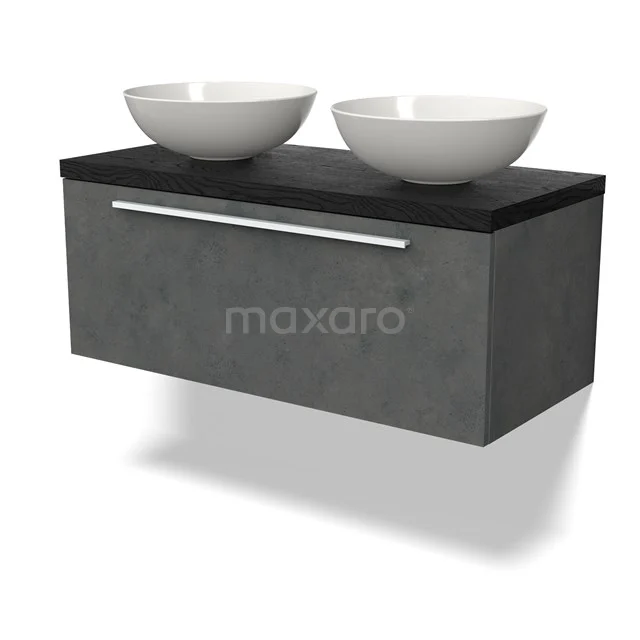 Grauer hängender Badschrank mit schwarzer Platte und doppelten weißen Aufsatzwaschbecken, modernes Design, ideal für stilvolle Bäder.