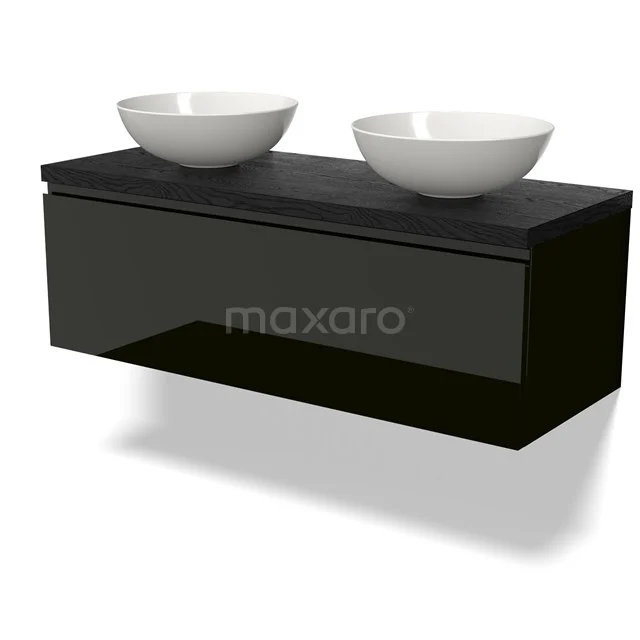 Black hanging bathroom unit with double white countertop wash basin, sleek design, high-gloss finish suitable for modern bathrooms.