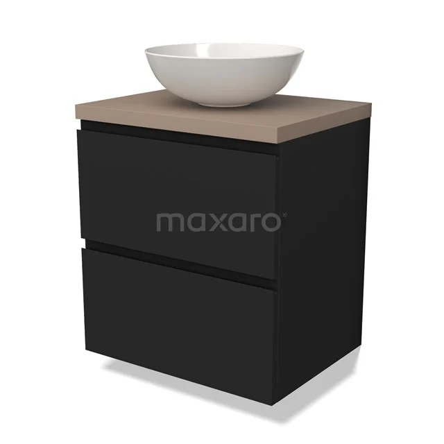 Waschtischunterschrank mit Konsole BMK17-02383 Schwarzes hängendes Badezimmermöbel mit Holzplatte und runder weißer Waschbecken, modernes Design aus der Premium Badezimmerkollektion.