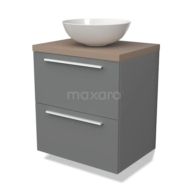 Grijze badkamerkast met houtlook blad, moderne wastafel en twee lades, ideaal voor stijlvolle badkamerruimte.