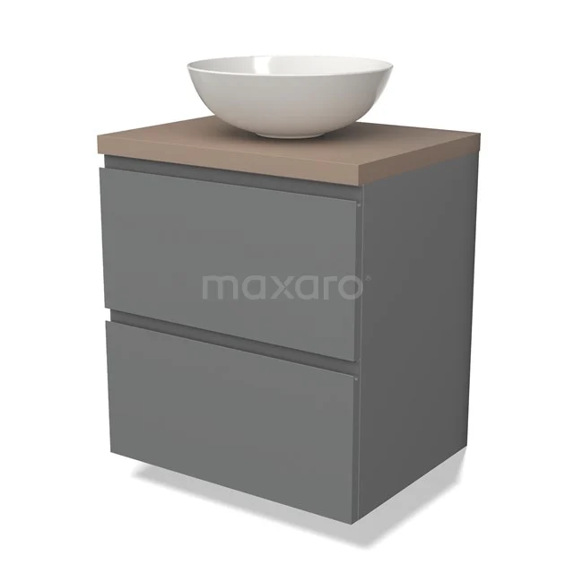 Grijze badkamermeubelset met houten blad en witte opzetwastafel, modern design met 2 lades.