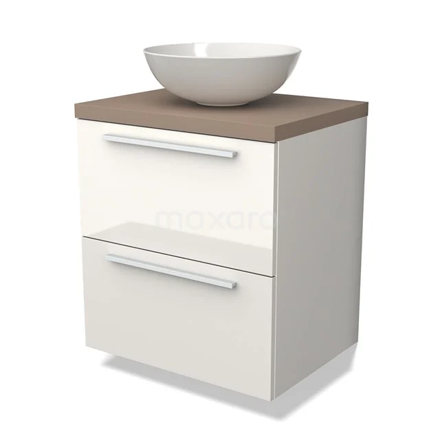 Weißes Badezimmermöbel mit zwei Schubladen, Holzlook Platte und Aufsatzwaschbecken, modernes Design aus nachhaltigen Materialien.