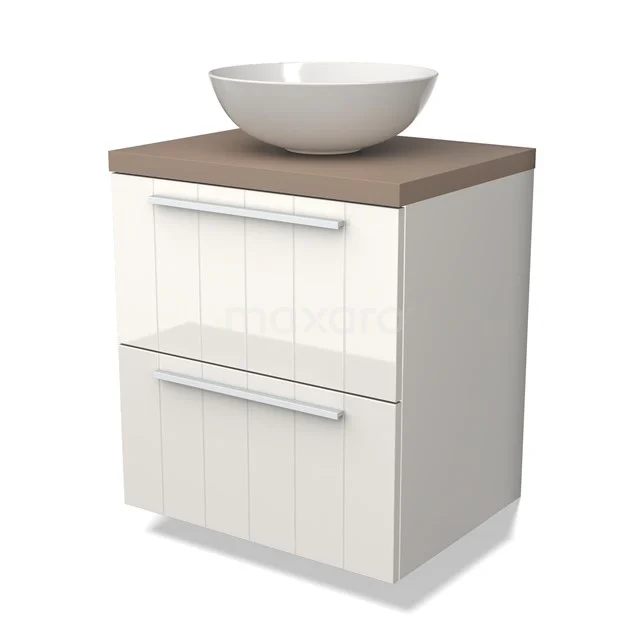 Weißes Badezimmermöbel mit Holzplatte und modernem Aufsatzwaschbecken, ausgestattet mit zwei Schubladen mit silberfarbenen Haltegriffen.