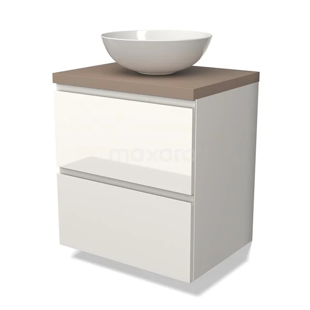 Wit badkamermeubel met houtlook blad en ronde wastafel, modern design, ideaal voor kleine badkamers.