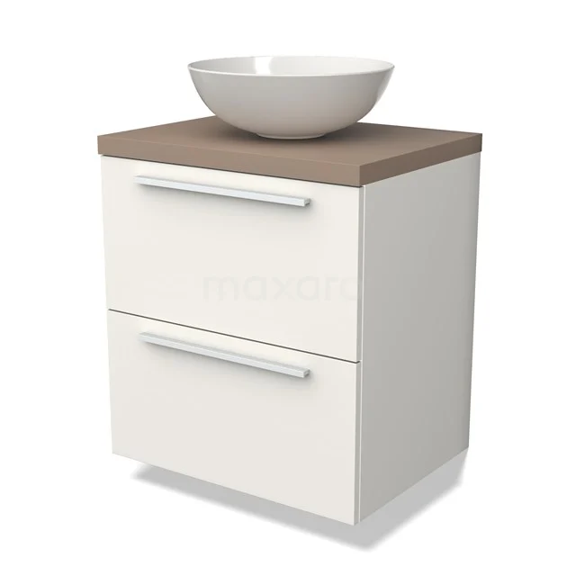 Weißes Badezimmermöbel mit Holzlook Platte, keramischem Aufsatzwaschbecken und zwei Schubladen; kompaktes und modernes Design.