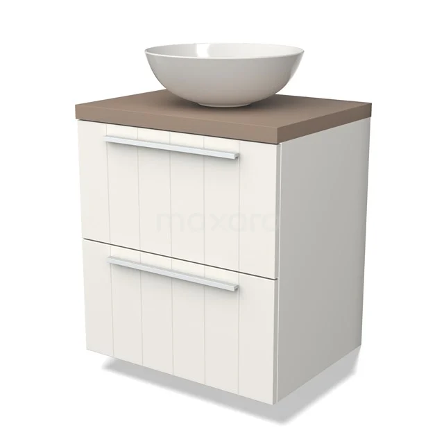 Wit houten badkamermeubel met houtlook blad en keramische waskom, voorzien van twee ruime lades voor opbergruimte.
