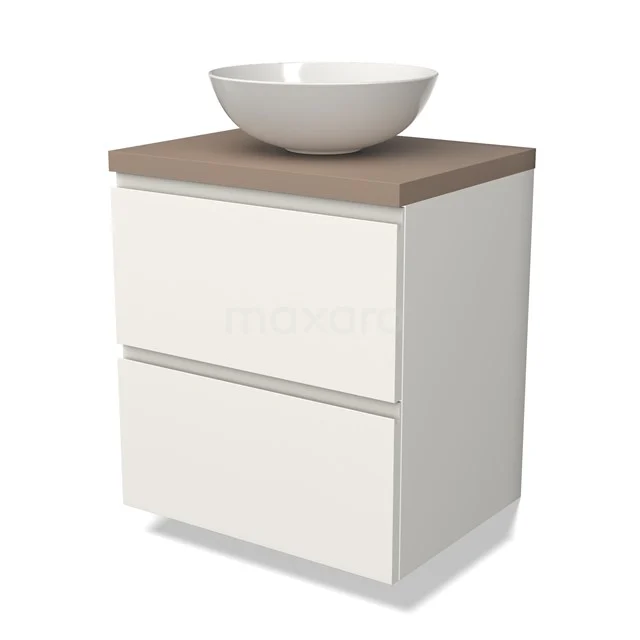 Wit badkamermeubel met twee lades, houtlook blad en ronde witte waskom; modern design geschikt voor compacte badkamerinrichting.