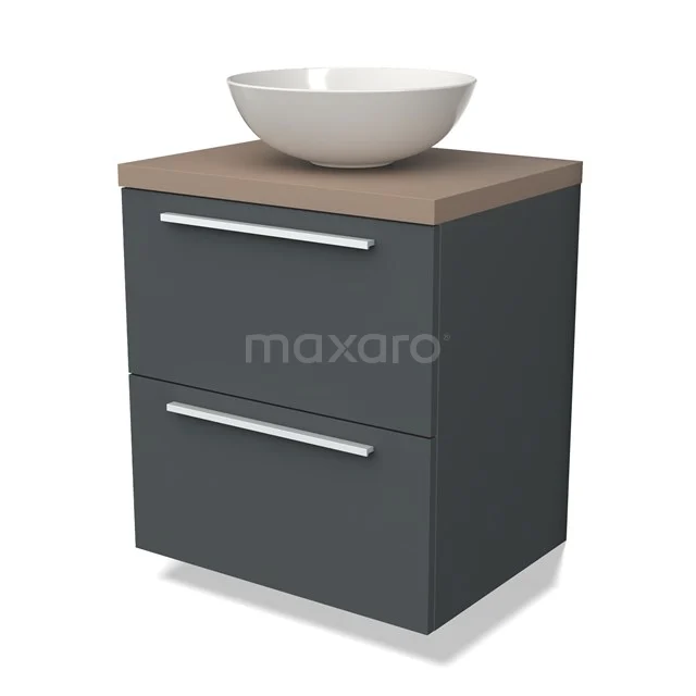 Grauer Badschrank mit Holzplatte, weißem rundem Aufsatzwaschbecken und modernen Haltegriffen für stilvolle Badezimmerlagerung.