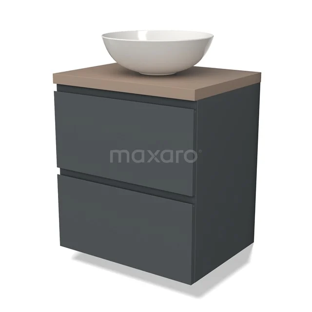 Grijze badkamerkast met twee lades, houtlook blad en witte waskom; stijlvolle opbergruimte voor een moderne badkamer.