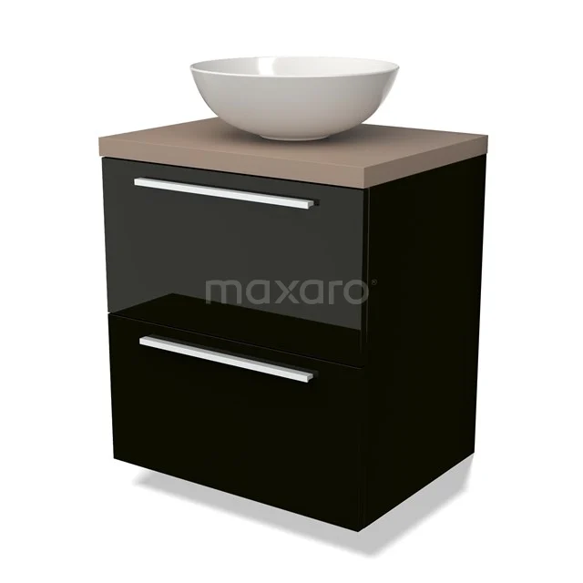 Schwarzes Badmöbel mit Holzplatte, weißem schalenförmigen Waschbecken und zwei Schubladen mit verchromten Griffen.