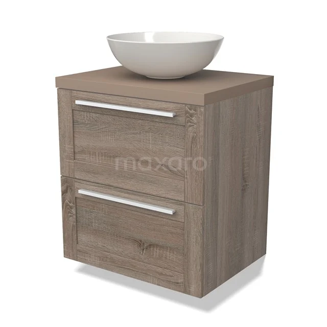Modulo Plato Badmöbel mit Aufsatzwaschbecken | 60 cm Eiche Rahmen front Taupe blatt 2 übereinanderliegende Schubladen BMK17-02397 Holz-Badschrank mit Aufsatzwaschbecken, kompaktes Design, 2 Schubladen mit Metallgriffen, idealer Aufbewahrungsort für ein modernes Badezimmer.