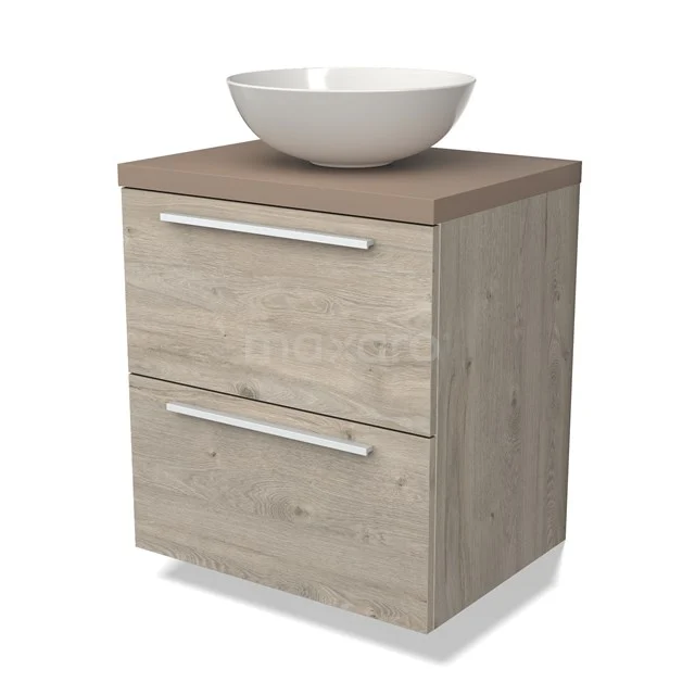 Holz-Badmöbel mit Waschbecken, natürliche Eiche-Optik, zwei Schubladen mit silberfarbenen Griffen, modernes und kompaktes Design.