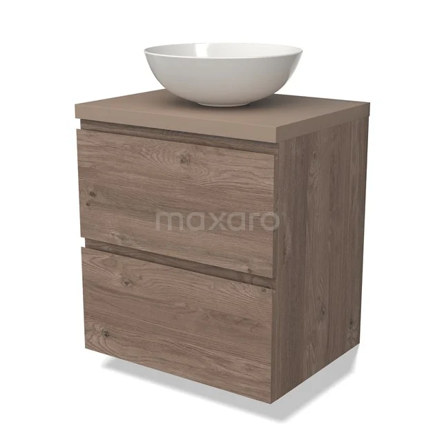 Houten badkamermeubel met twee lades en een witte, ronde wastafel; modern design, ideaal voor compacte badkamers.
