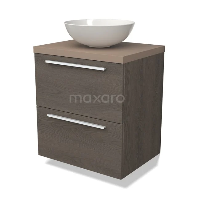 Houten badkamermeubel met twee lades, een witte keramische waskom bovenop, ideaal voor moderne badkamerruimtes.