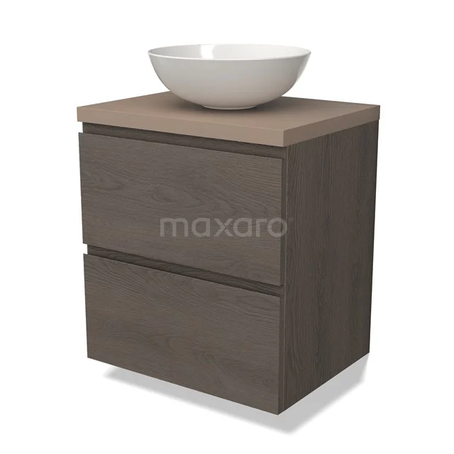 Modulo Plato Badkamermeubel voor waskom | 60 cm Donkerbruin eiken Greeploos front Taupe blad 2 lades onder elkaar BMK17-02408