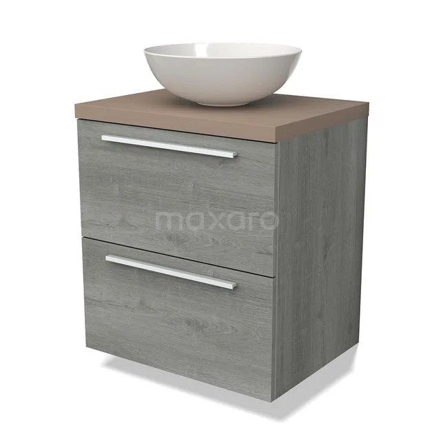 Grijze houten badkamerkast met twee lades, houtkleurig blad en witte waskom; ideaal voor stijlvol badkameropslag.