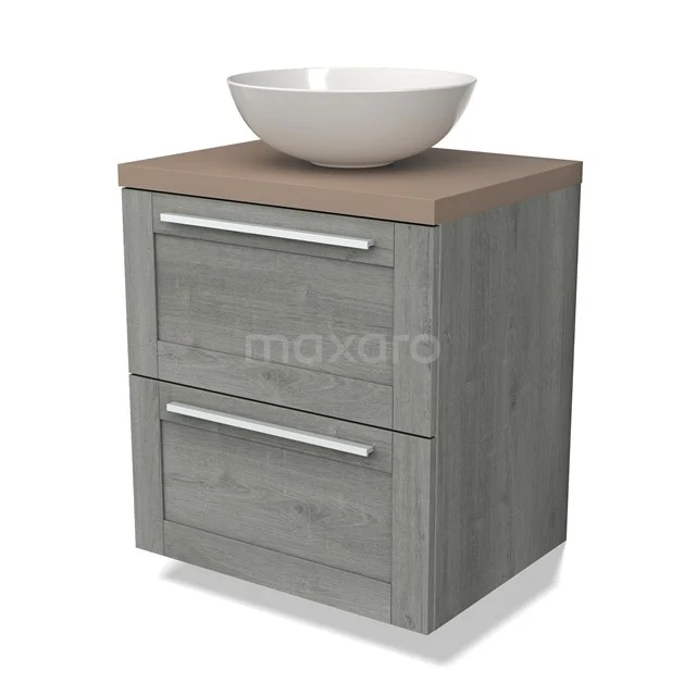 Houten badkamermeubel grijs met wastafelkom, twee lades, modern design, perfect voor compacte badkamers.