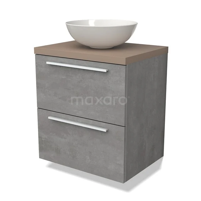 Grijze badkamerkast met houtlook blad en witte waskom, moderne stijl, ideaal voor compacte badkamerinrichtingen.