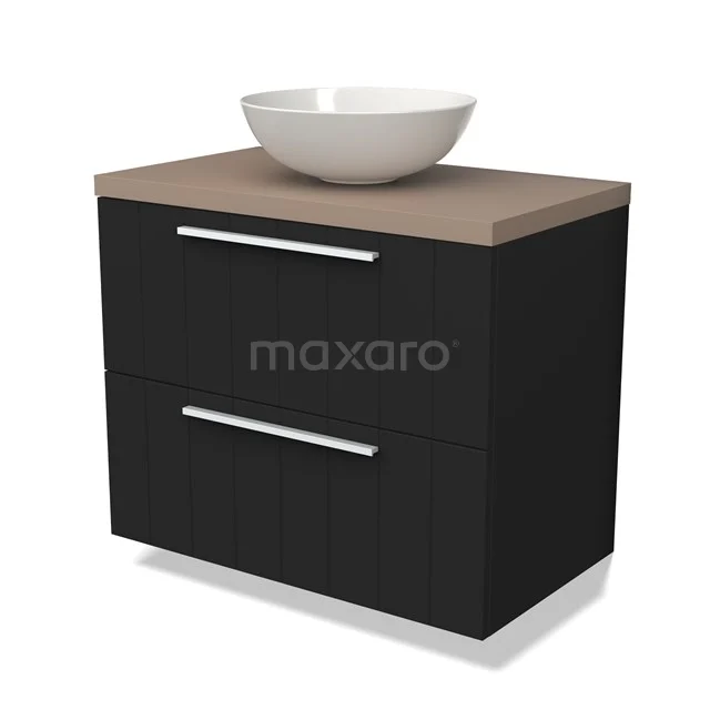Zwarte badkamermeubelset met houtlook blad en ovale witte wastafel, modern design met metalen handgrepen voor een stijlvolle badkamer.