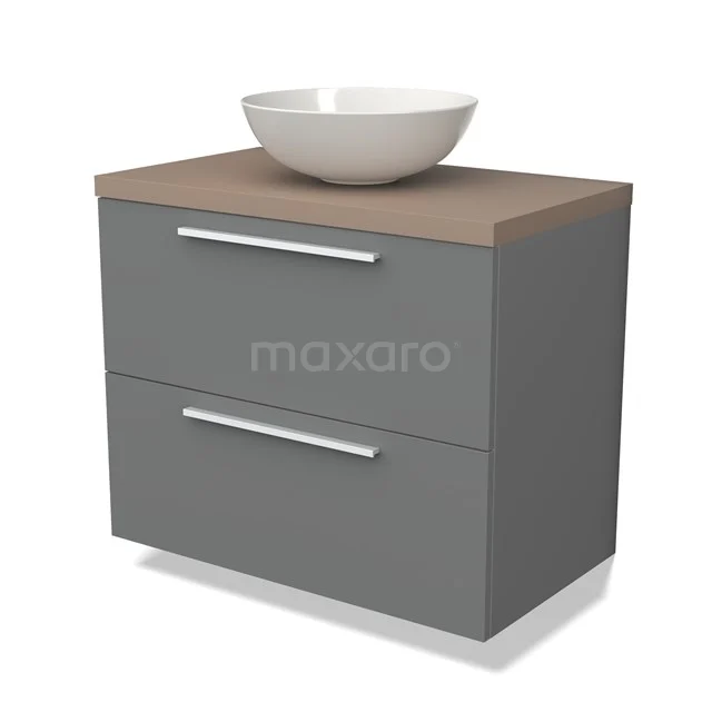 Grijs badmeubel met houten blad, keramische waskom en metalen grepen, modern design voor stijlvolle badkamerinrichting.