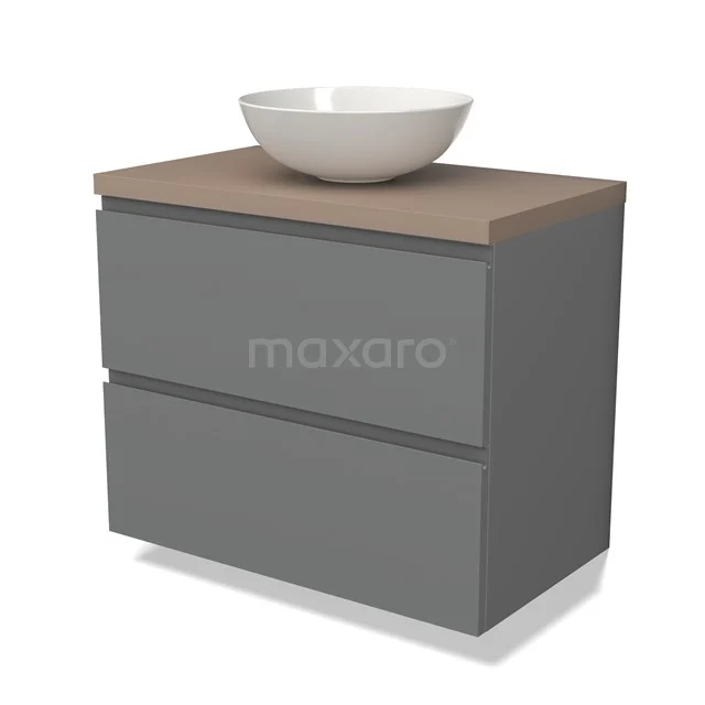 Grijze badkamermeubel set met houtlook blad en witte waskom, modern design met 2 lades.