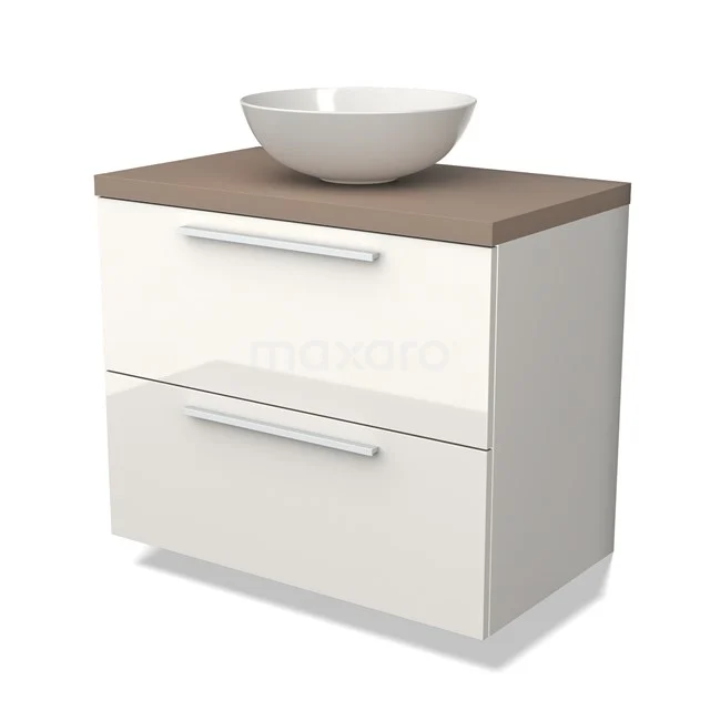 Wit badkamermeubel met twee lades, houtlook blad en ronde wastafel, modern design voor stijlvolle badkamers.