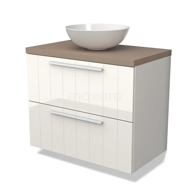 Witte badkamermeubelset met houten blad, keramische ronde waskom en twee lades met chromen grepen, modern en stijlvol ontwerp.