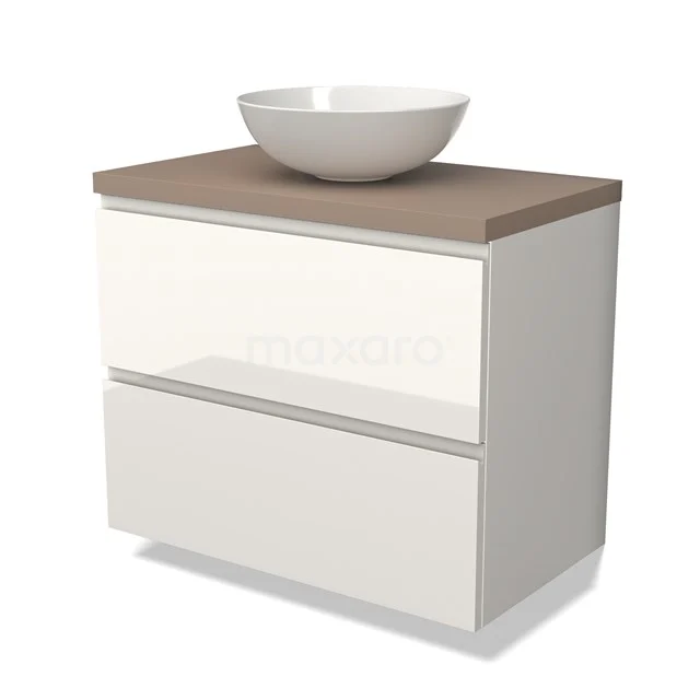 Wit houten badkamermeubel met waskom, eiken blad en twee lades, ideaal voor moderne badkamerinrichting.