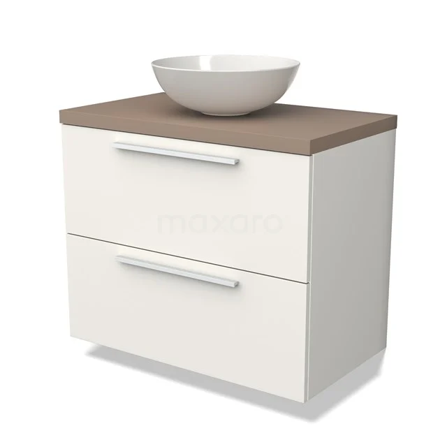Wit hangend badkamermeubel met houtlook blad, keramische waskom en twee lades met metalen handgrepen, modern design.