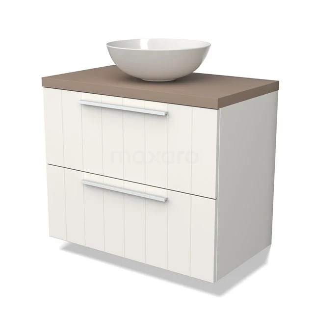 Weißes hängendes Badmöbel mit Holzlook Platte, zwei Schubladen und einer runden Waschbecken, ideal für moderne Bäder.