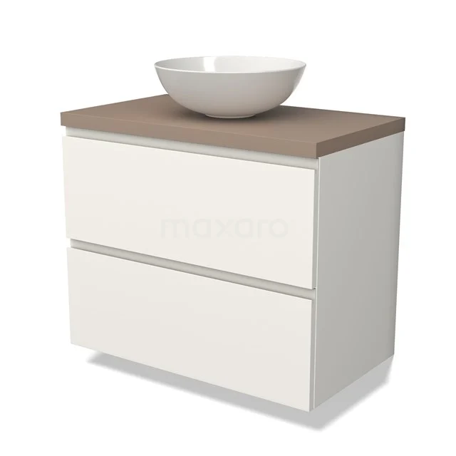 Witte badkamermeubel met twee lades, houtlook blad en ronde wastafel; modern ontwerp, ideaal voor een stijlvolle badkamer.