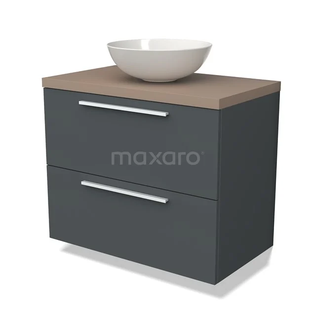Grijze badkamermeubel met houten blad, witte waskom en twee lades; modern design, ideaal voor een stijlvolle badkamer.