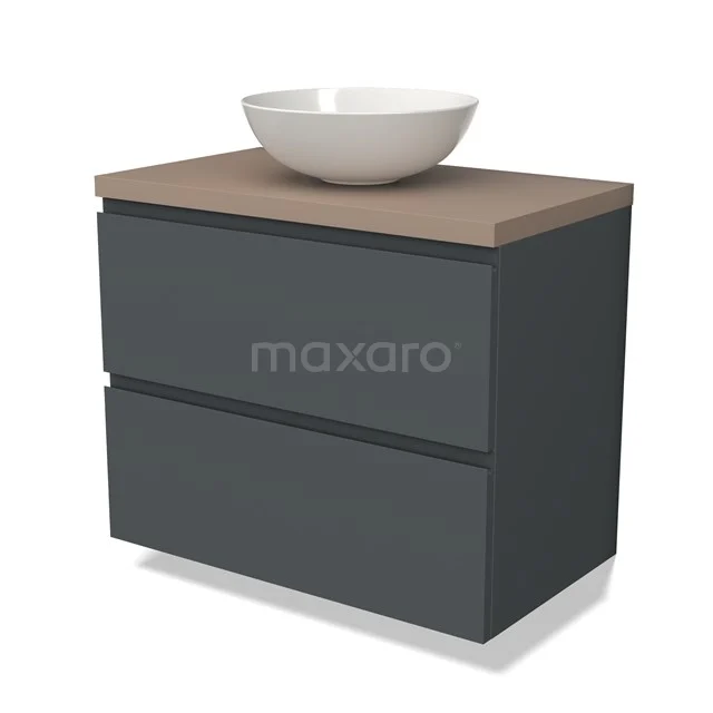 Donkergrijze wastafelkast met houtlook blad en witte keramische waskom, ideaal voor een moderne badkamer inrichting.