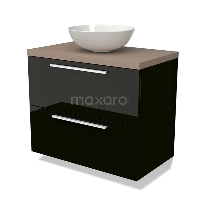 Zwart glanzend badkamermeubel met wastafelkom en houtlook blad, modern design met dubbele lade voor extra opbergruimte.