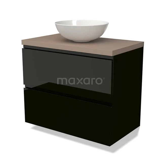 Zwarte badmeubelset met glanzend front, beige wastafelblad en ronde witte waskom, modern en stijlvol badkamerdesign.