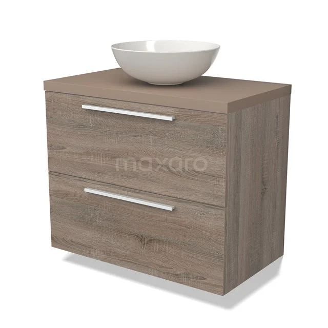 Houten badkamermeubel met twee lades en een witte ronde waskom, modern design, ideaal voor georganiseerde badkamers.