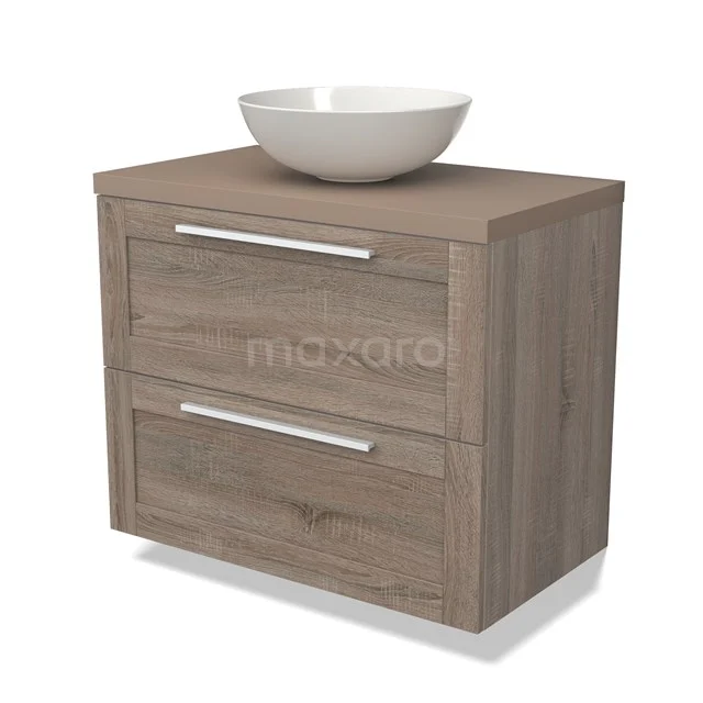 Houten badkamermeubel met twee lades en een witte wastafelkom, modern design, ideaal voor een stijlvolle badkamer inrichting.