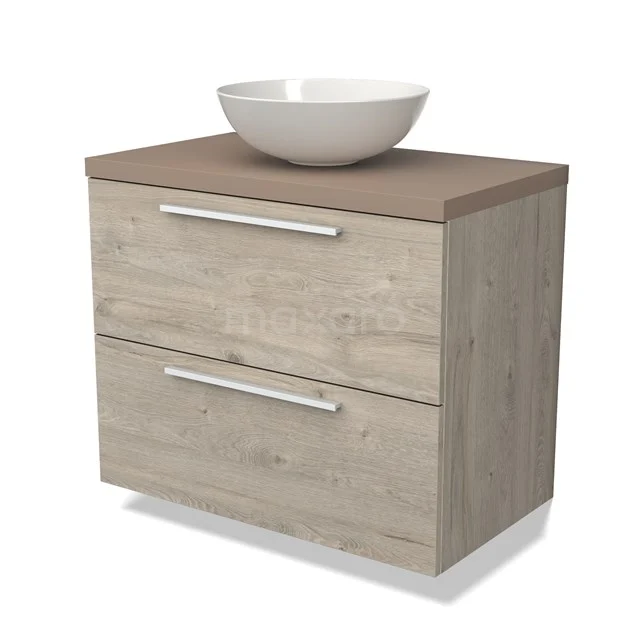 Houten badkamermeubel met twee lades, beige houtlook, keramische waskom, ideaal voor een moderne badkamerinrichting.