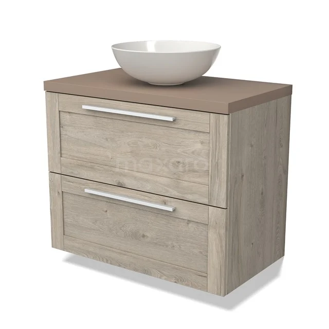 Wooden bathroom unit with oak-look drawer fronts, ceramic countertop wash basin and silver handles, ideal for modern bathrooms.