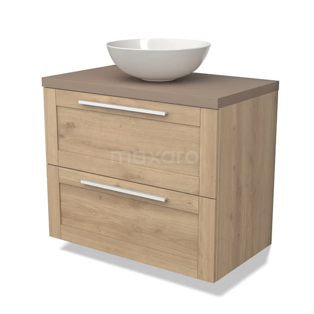 Wooden base cabinet with natural oak look, two drawers and surface-mounted basin; ideal for modern bathroom design.